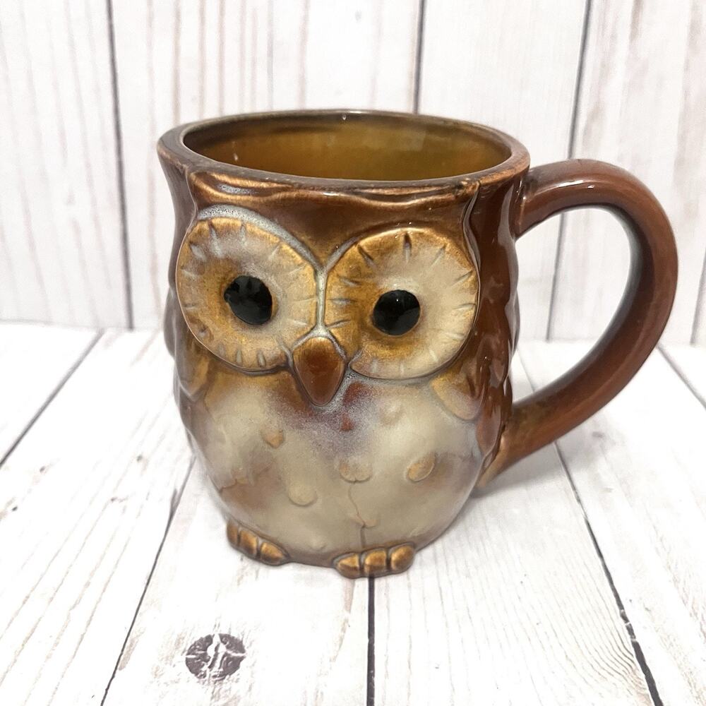 Vintage Owl Mug Brown Ceramic Big Cozy Coffee Tea Cup Pottery